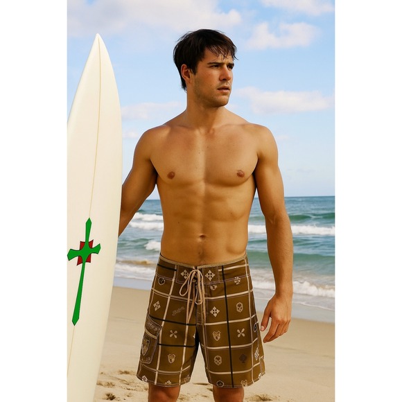 Billabong Plaid Board Shorts Mens Size 31 Swim Trunks Surf Beach Skulls Sheilds - Picture 1 of 8
